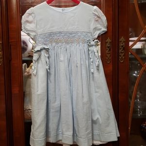Smocked, light blue dress with Pink floral embroid